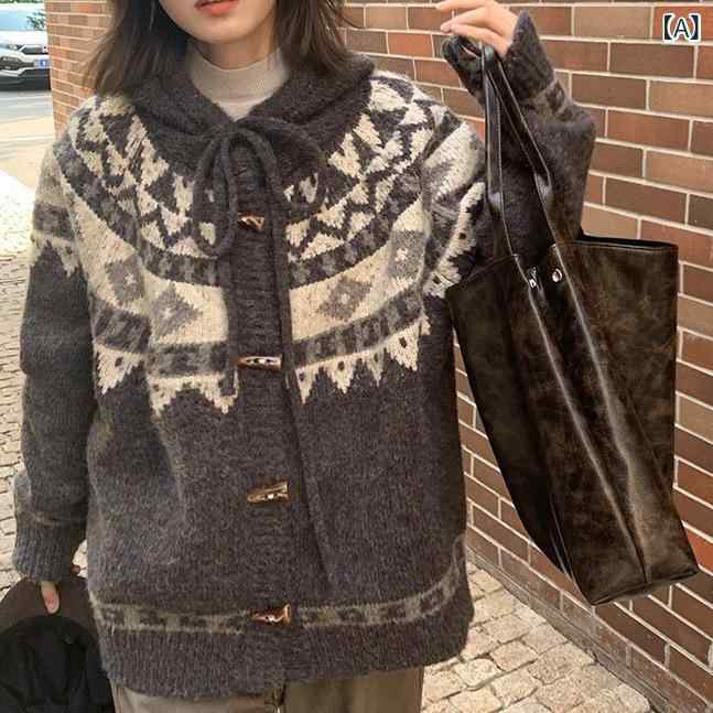 編み物ジレー レディース ボンネット付き添い人 朦々たる ダッフルコート風 羽織り 生あたたかい 秋冬 前くい違い 編み物上衣 ジャかばい立て 編み 有線テレビ編み物 アウター ゆったり お座敷着 防寒 通い 通学 お出かけ トップス