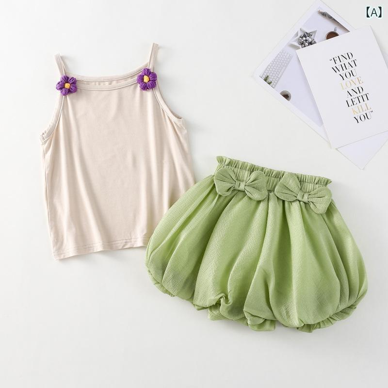 セットアップ キッズ 女の子 夏服 ノースリーブ ショートパンツ 立体 花 モチーフ 上下セット 2点セット 子供服 ベビー服 お出かけ 部屋着 涼しい ナチュラル 綿 カジュアル バルーンパンツ トップス 半ズボン