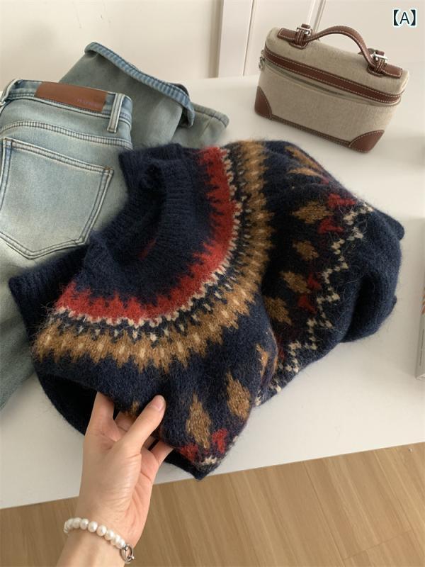 セーター レディース フェアアイル ジャガード ニット トップス クルーネック ウール 総柄 配色 オーバーサイズ ゆったり カジュアル 厚手 防寒 暖かい あったか 秋冬 長袖 幾何学模様 レトロ プルオーバー 大きめ
