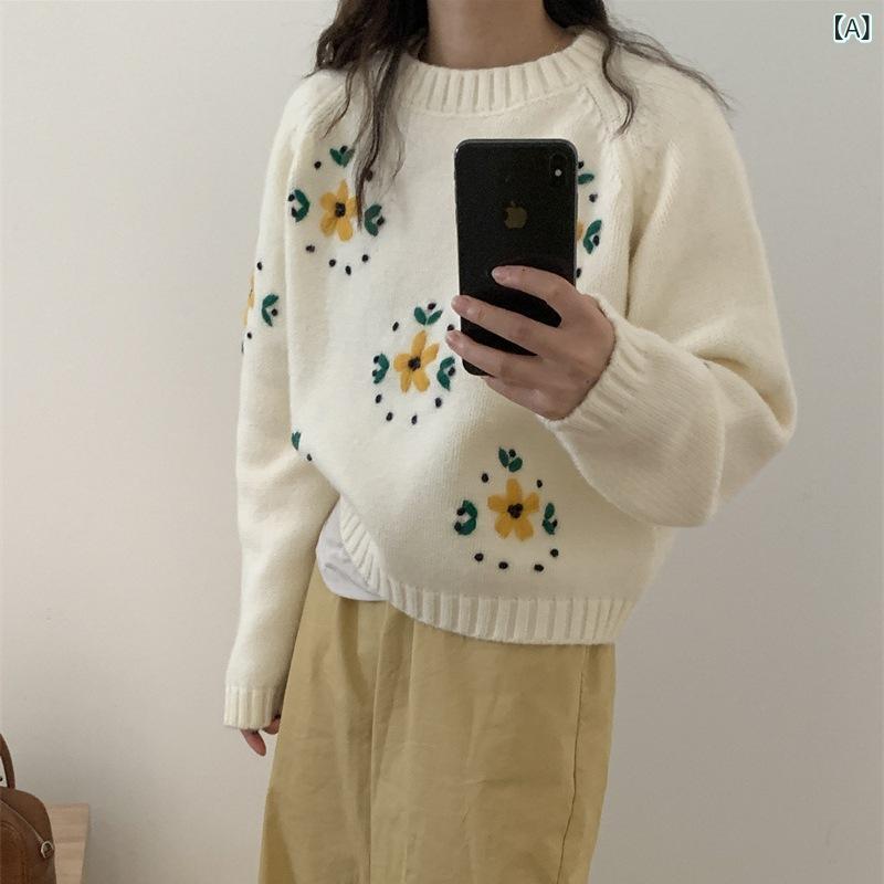 ニット セーター レディース クルーネック プルオーバー 長袖 トップス 立体編み フラワーモチーフ 花柄 刺しゅう あったか 厚手 秋冬 カジュアル お出かけ 通勤 通学 防寒 暖かい ゆったり おしゃれ かわいい 華やか