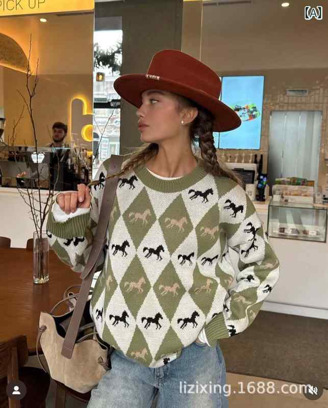 スウェーター レディース 編み物 アール 労働者の一団のど首 ティーシャツ 長袖 ビッグ影ぼうし トップス 生産ライン石ころ柄 総柄 色彩設計 年月冬 心地よい レトロ 体型押しかぶせる 生あたたかい パステル色の お部屋着 通い 通学 お出かけ
