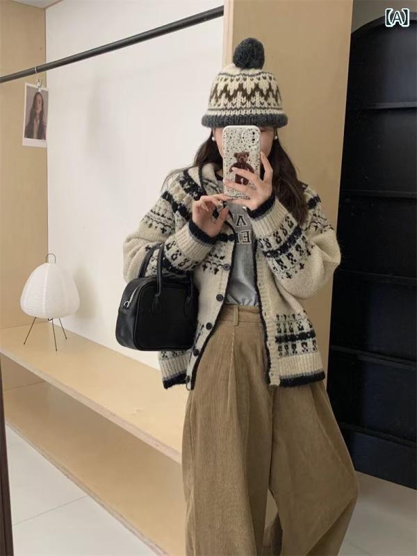 ジレー レディース ボンネット付き添い人 編み物パーカー ジャかばい立て ヴィンテージ風 前くい違い 名取り草 ゆったり 朦々たる 羽織り ライトアウター 心地よい トップス 秋冬 防寒 生あたたかい 総柄 長袖 プルオーバー 普段使い走り 体型取りまかなう
