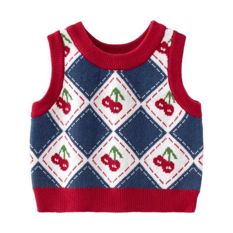 ニットベスト ベビー 女の子 さくらんぼ チョッキ 子供服 キッズ トップス ノースリーブ 赤ちゃん 幼児 春秋冬 かわいい おしゃれ 刺繍 レトロ 配色 重ね着 外遊び 出産祝い ギフト プレゼント 80 90 100