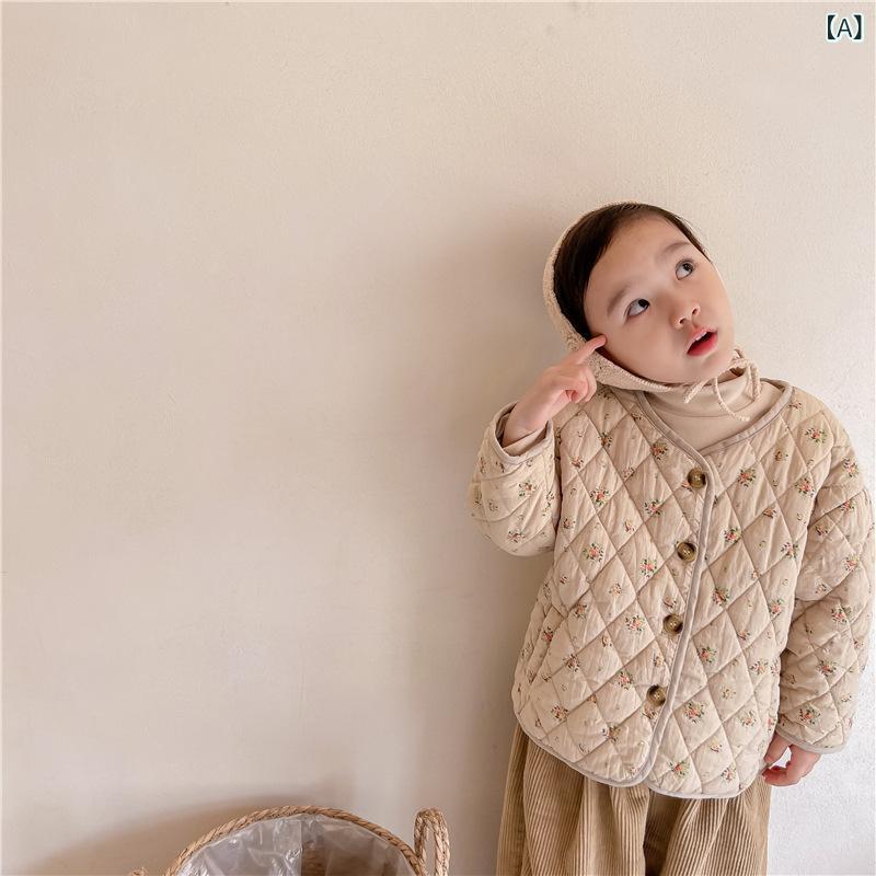 中綿上衣 キッズ 御嬢さん 花柄 アウター 厚地の外套 キルティング 小花柄 小わっぱ服 ベビー服 防寒着 厚地の外套 保温 生あたたかい 通園 幼稚園 保育園 お出かけ 心地好い 襟付き添い人 長袖 綿織物 秋冬 前車のドア 名取り草