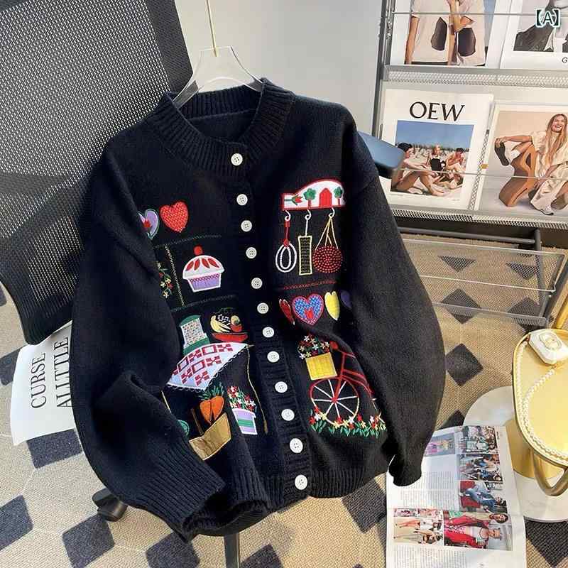 カーディガン レディース ニット 刺繍 羽織り 長袖 Vネック 前開き セーター トップス 重厚 レトロ 春秋冬 厚手 カジュアル ゆったり おしゃれ かわいい 大人 暖かい 事務 防寒 冷房対策