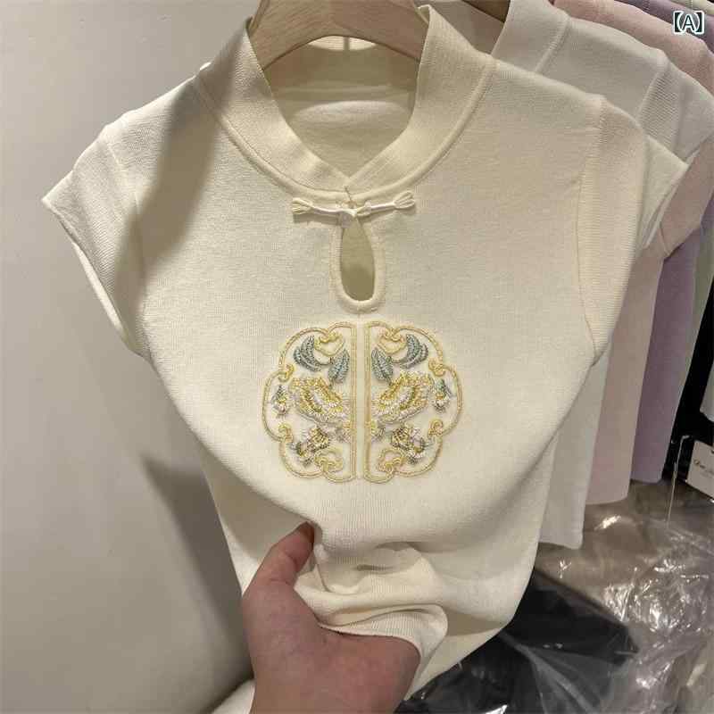 Tシャツ レディース チャイナ風刺繍 半袖プルオーバー 接触冷感サマーニット チャイナボタン付き スタンドカラー立ち襟 カットソー素材 春夏用インナー 涼感ストレッチ生地 五分袖トップス ティーシャツ