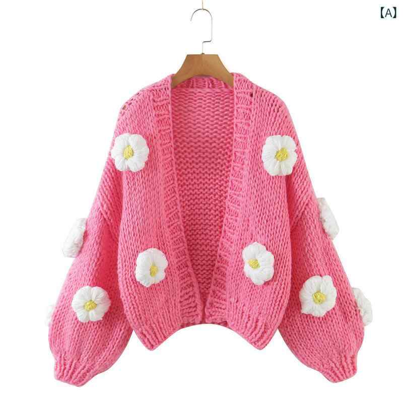 ジレー レディース 編み物ジレー 朦々たる 長袖 音の大きさ袖 立体 御花 画題 手編み風 花柄 羽織り 生あたたかい 防寒 心地よい ゆったり トップス 前くい違い ざっくり編み 今めかしい 秋冬