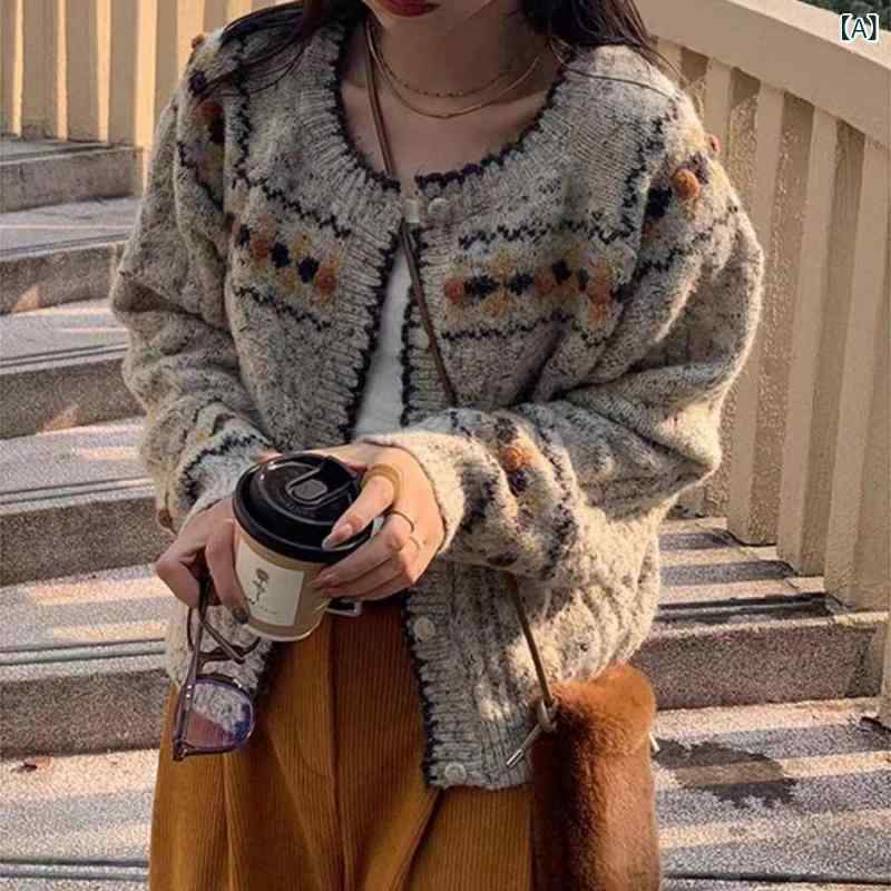ニットカーディガン レディース トップス 長袖 羽織り Vネック 刺繍 ゆったり 厚手 グレー 秋冬 暖かい 防寒 部屋着 上着 セーター 体型カバー 前開き レトロ ワンポイント 無地 柔らかい 軽い アウター