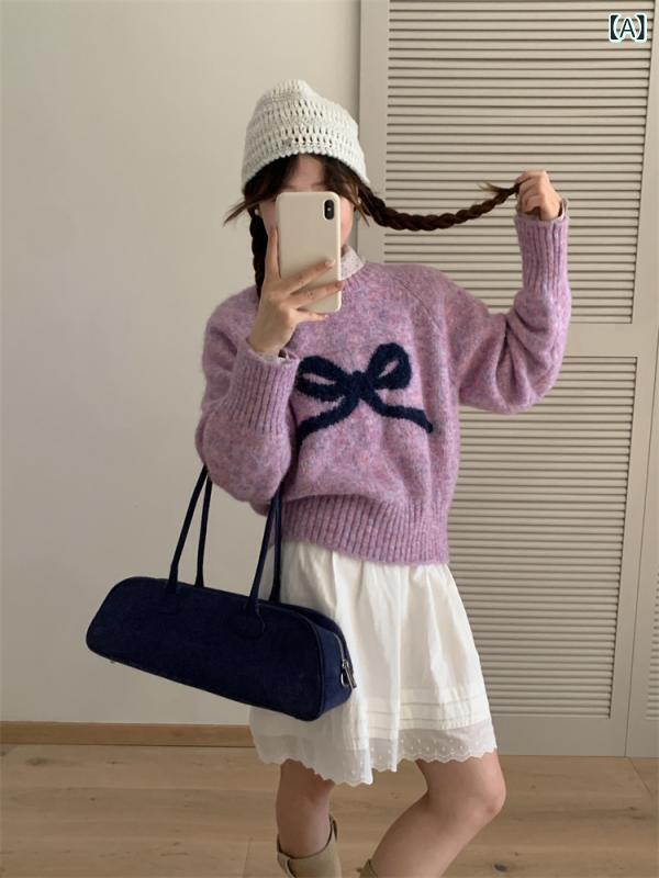 ニット レディース プルオーバー リボン ジャガード トップス 長袖 セーター クルーネック 暖かい 厚手 秋冬 防寒 部屋着 通勤 通学 カジュアル レイヤード 柔らかい 伸縮性 ビッグシルエット 体型カバー 保温