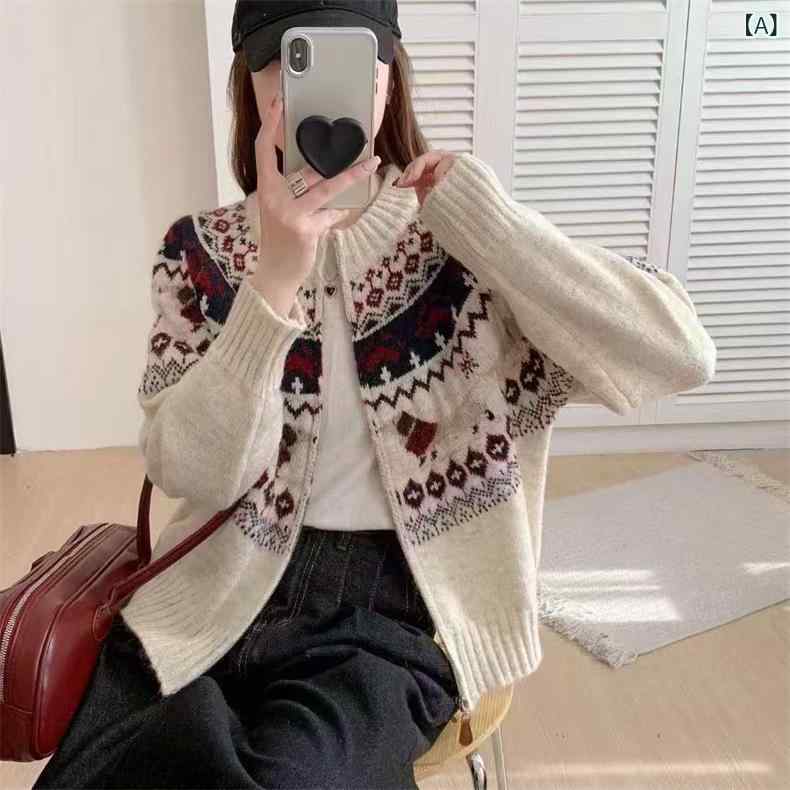 編み物 プルオーバー レディース フェアアイル ジャかばい立て ジップアップ 幾何学学柄 朦々たる 生あたたかい 秋冬 心地よい トップス 防寒 長袖 羽織り アウター 重ね着 花の冠yd ノース柄 ゆったり 着回し お座敷着 ワンマイルウェア レトロ