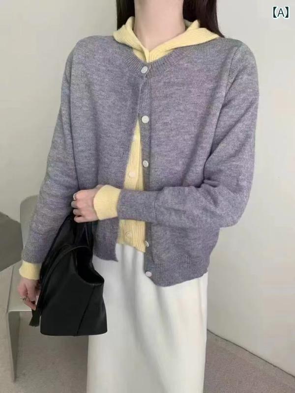 編み物ジレー レディース 重ね着風 ボンネット付き添い人 バイ色つや 長袖 大層らしい大きさ パステル色の もっちり 朦々たる 羽織り ライトアウター ワンマイルウェア 異原料品 うつり変わり トップス 秋物 冬物 心地よい 防寒着痩せ
