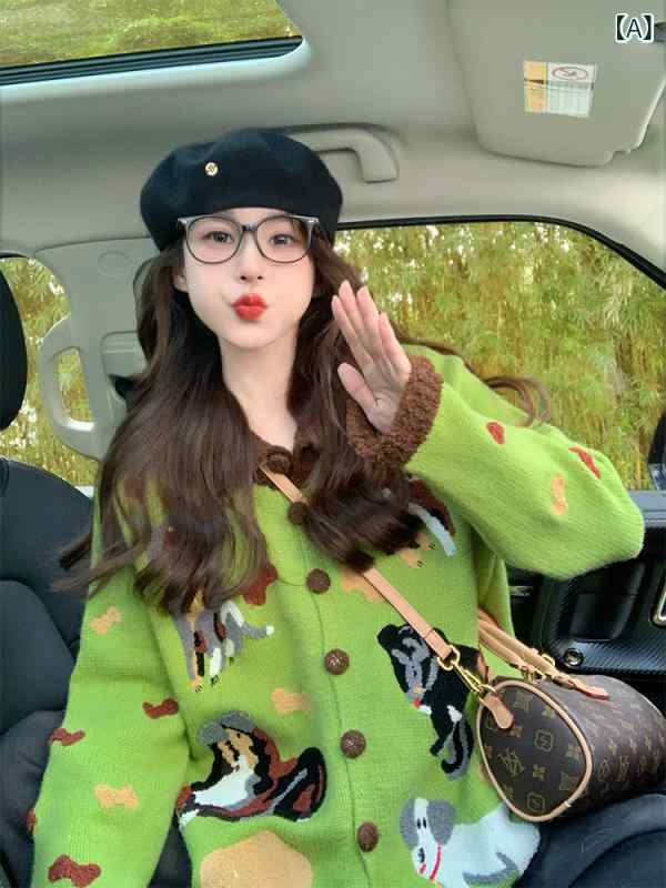 ジレー レディース 編み物ジレー ポロ襟 縫い 羽織り 緑であること 朦々たる ゆったり 長袖 心地よい 防寒 生あたたかい トップス 愛くるしげ 今めかしい 刺しゅう入り口・入口 襟付き添い人 スウェーター 前食い違い 秋冬 春