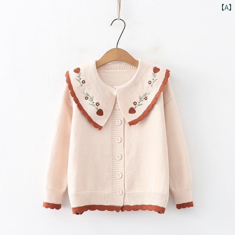 ニットカーディガン レディース 刺繍 襟付き ビッグカラー レース 花柄 長袖 トップス 前開き 秋冬 羽織り 暖かい カジュアル 重ね着 セーター ニットアウター ゆったり 柔らかい 通学 通勤 お出かけ レトロ 防寒