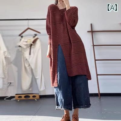 編み物 レディース 秋用トップス 冬用スウェーター ティーシャツ 上衣丈 透かし編み アシンメトリーヘム 長袖体型押しかぶせる 心地よい表現スタイル ゆったり大きさ クルーネックレイヤード