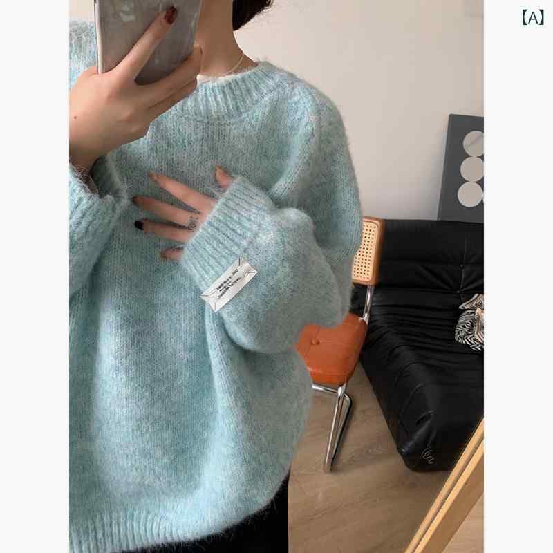 編み物 スウェーター レディース 労働者の一団のど首 ティーシャツ ラクーン ラグラン袖 長袖 トップス 朦々たる 防寒 生あたたかい 獣毛 ふわふわ パステル色の たわい無い 無地 上衣丈 ゆったり 体型押しかぶせる 心地よい 執務室 秋冬