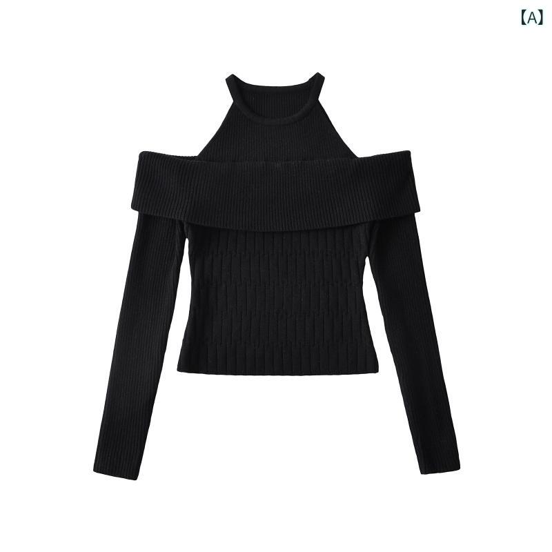 ニット トップス レディース オフショルダー 重ね着風 セーター 長袖 ショート丈 リブニット フェイクレイヤード 肩出し デコルテ 鎖骨見え 細見え タイト スリム カジュアル お出かけ デート 春秋冬 無地 シンプル プルオーバー カットソー