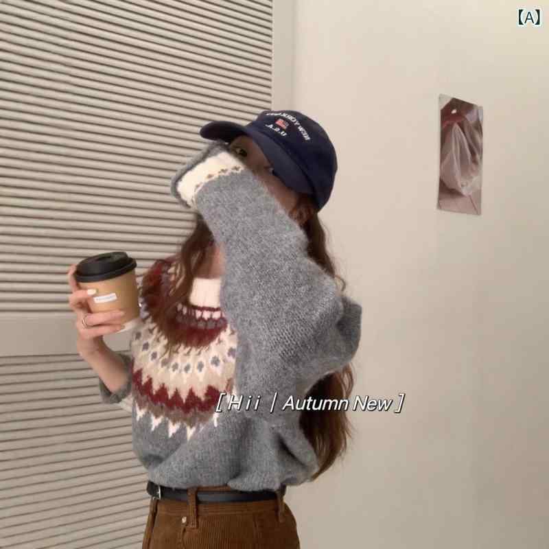 プルオーバー レディース フェアアイル柄 労働者の一団のど首 編み物 トップス 黄色 レトロ 鉤針編み 秋冬 クリスマス 長袖 丸首 色彩設計  総柄 厚地の外套 晴れ晴れしい 今めかしい 生あたたかい 防寒着 心地よい パステル色の