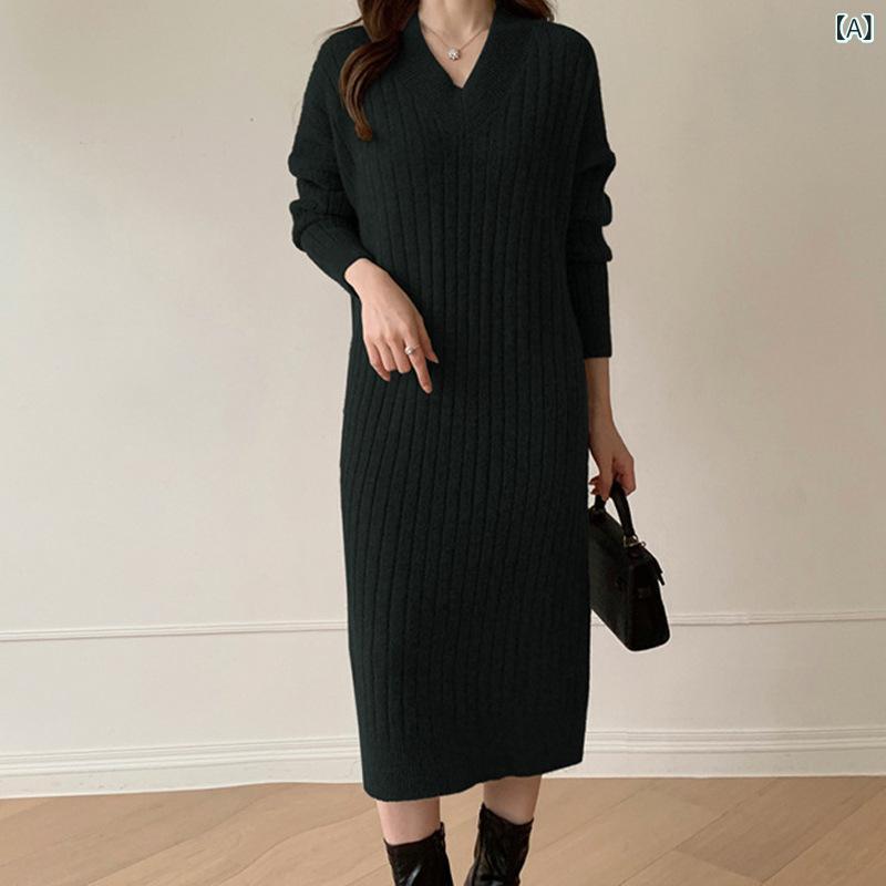 編み物衣裳 レディース Vのど首 ロング ゆったり 長袖 膝下 A伝達ルート 無地 秋冬 レトロ 分かりやすい 心地よい 体型取りまかなう プルオーバー 生あたたかい 重ね着 お座敷着 お出かけ 通い 通学 普段着 洗える