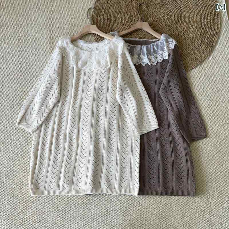 ニットワンピース レディース レース フリル 襟付き 膝丈 透かし編み 長袖 春服 無地 ゆったり 体型カバー カジュアル お出かけ デート Aライン 柔らかい ストレッチ シンプル ワンピ 重ね着 洗える