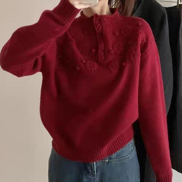 スウェーター レディース 羊毛 労働者の一団素っ首 編み物 トップス 長袖 刺繍 花柄 立体 あったか 朦々たる 防寒 生あたたかい ティーシャツ 心地好い ゆったり 秋冬 成年者 可愛らしい 普段着 通学 通い 執務室 お出かけ