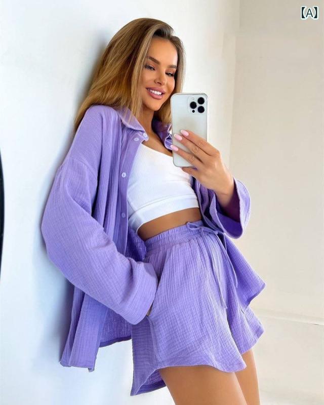 セットアップ レディース シャツ ショートパンツ 長袖 2点セット 上下セット 無地 前開き カジュアル オフィスカジュアル ルームウェア 春秋 ゆったり 部屋着 襟付き シンプル ウエストゴム ブラウス ショーツ 短パン 4,651円