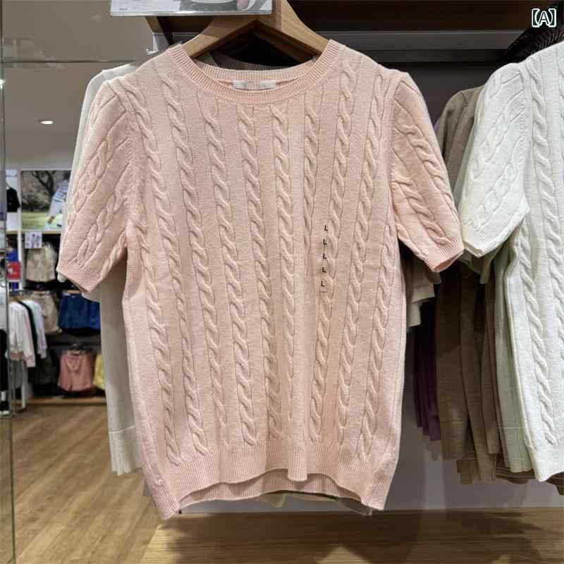 ニット レディース セーター クルーネック 半袖 ケーブル編み プルオーバー サマーニット トップス インナー 無地 オフィス カジュアル 春夏 秋 柔らかい シンプル 着回し 伸縮性 ストレッチ 通勤 重ね着 薄手