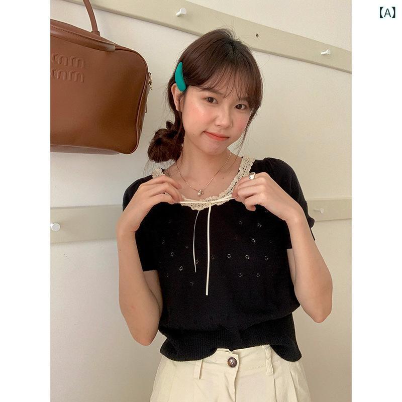 サマーニット レディース レース 透かし編み 半袖 トップス 夏 春夏 薄手 プルオーバー クルーネック 涼しい 重ね着 レイヤード ショート丈 ウエストマーク ブラウス カジュアル 無地 ニットソー 通勤 オフィス