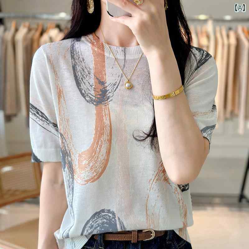 Tシャツ レディース シルク ウール ニット 半袖 クルーネック カットソー トップス プリント 総柄 グラフィック 薄手 涼しい 春夏 カジュアル 混紡 プルオーバー 丸首 インナー デイリー オフィス