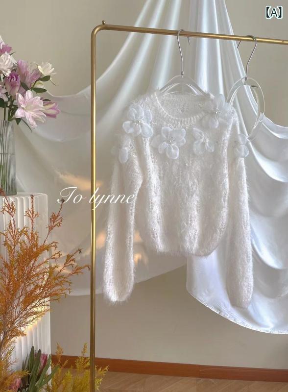 ニット セーター レディース 花柄 刺繍 ビジュー クルーネック 長袖 ゆったり ざっくりニット プルオーバー トップス カジュアル 華やか おしゃれ かわいい 暖かい 春秋冬 防寒 重ね着 レイヤード 透け感 フラワー