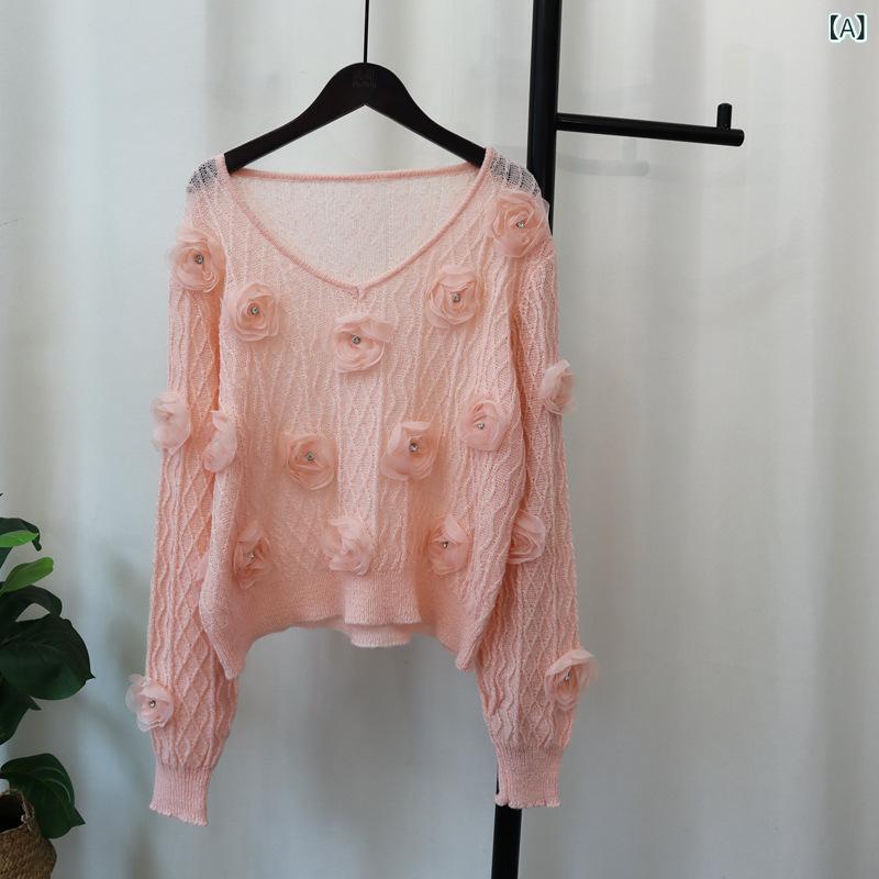 編み物 レディース トップス 長袖 ティーシャツ ティーシャツ 立体お花 刺しゅう 花柄 薄っぺら ゆったり 労働者の一団のど首 秋冬 春 今めかしい 成年者 愛くるしげ 心地好い デイリー ラウンドのど首 重ね着 伸ばすこと パステル色の