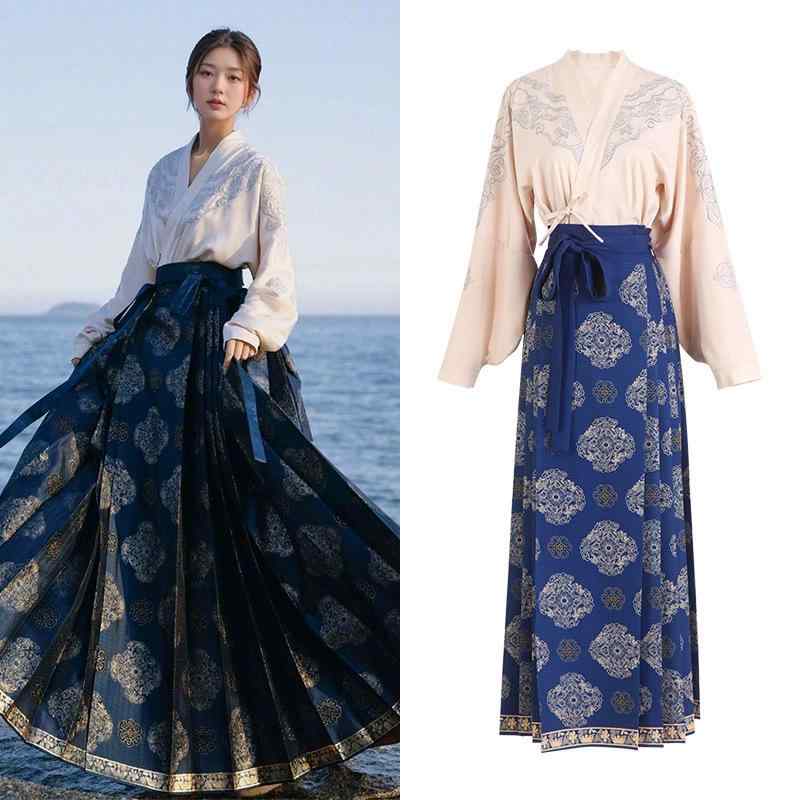 セットアップ レディース チャイナ服 漢服 プリーツスカート 刺繍 2点セット 立ち襟 シャツ ロングスカート 民族衣装 結婚式 パーティー 発表会 お呼ばれ 演奏会 華やか 伝統的 普段着 イベント 衣装 舞台 撮影 写真映え