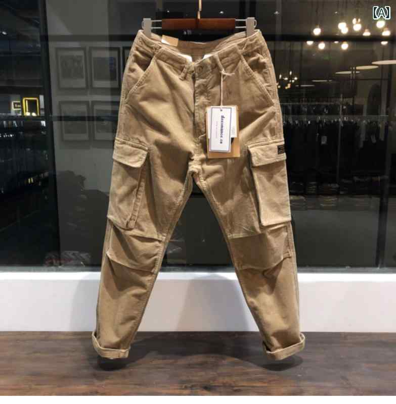 カーゴパンツ メンズ コーデュロイ ワークパンツ ストレート ワイドパンツ 秋冬 ボトムス ロングパンツ ゆったり カジュアル 無地 ズボン ウエストゴム 作業着 ミリタリー 暖かい 防寒 シンプル 長ズボン 太め