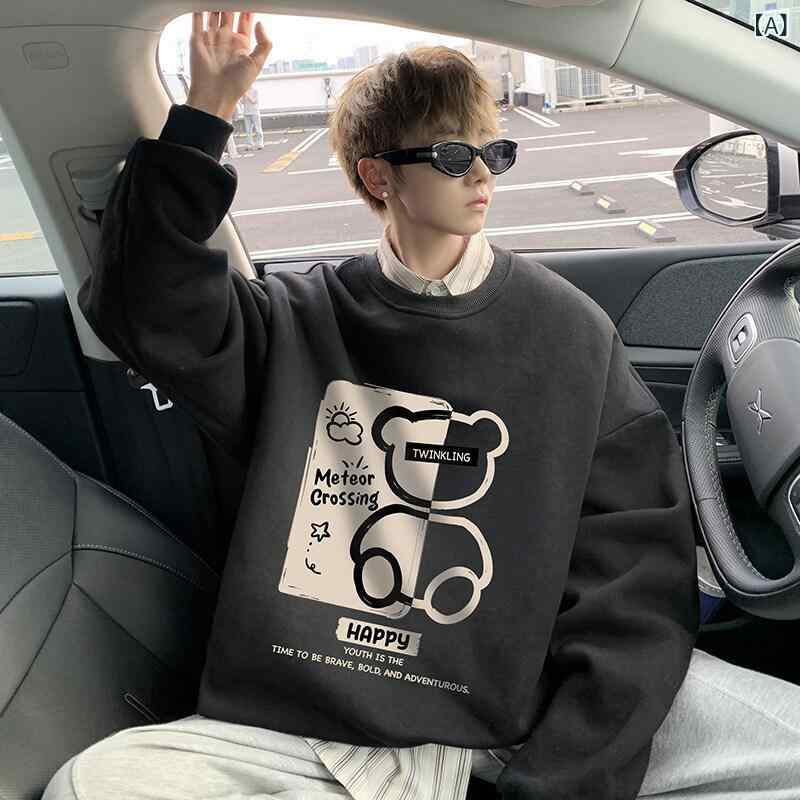 トレーナー メンズ スウェット クマ プリント プルオーバー 長袖 クルーネック 大きいサイズ ビッグシルエット トップス 春秋 カジュアル ストリート ルームウェア キャラクター アニマル コットン 丸首 ゆったり ギフト 贈り物
