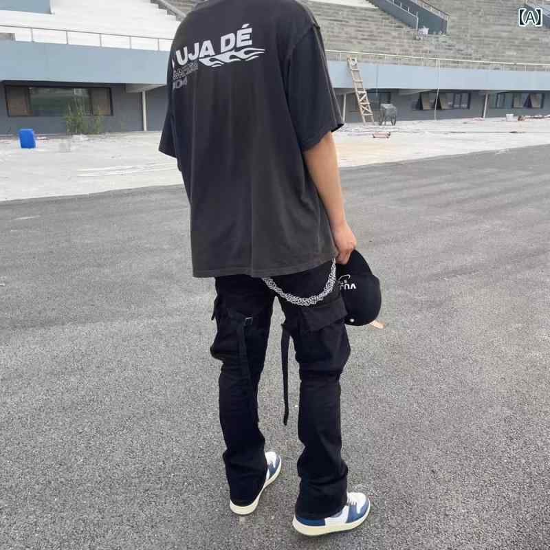 カーゴパンツ メンズ フレアパンツ ワークパンツ ブーツカット ギミックパンツ ストラップ付き 裾ベルト調整 ワイドパンツ ベルボトム ロングパンツ ミリタリーパンツ カジュアルボトムス オールシーズン
