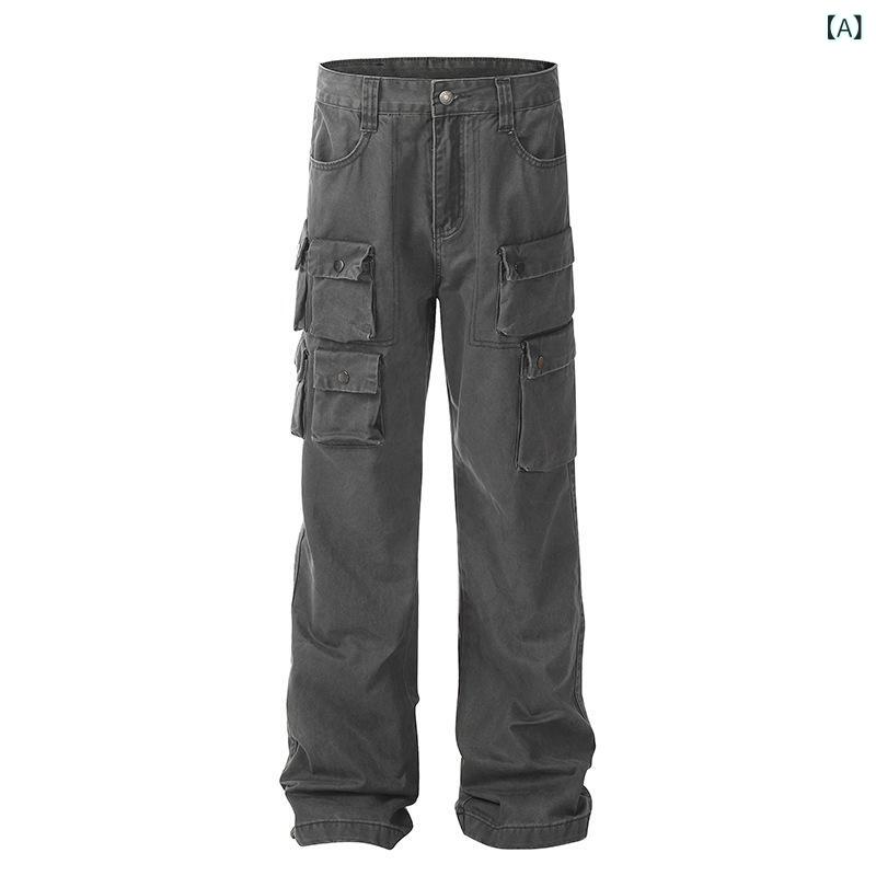 ワークパンツ メンズ カーゴパンツ ボトムス フレアパンツ ロングパンツ 多機能ポケット ウォッシュ加工 ヴィンテージ風 アメカジ ストリート系 カジュアル 10分丈 ズボン ミリタリー コットン 作業着 作業ズボン 無地