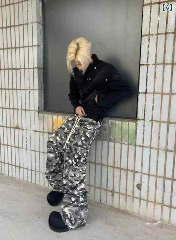 ワークパンツ メンズ 迷彩 カーゴパンツ ワイド レディース ストレート ダメージ ミリタリー 裾ダメージ加工 カジュアル オーバーサイズ ビッグシルエット ストリート ヒップホップ ダンス 秋服 ボトムス 作業着 アメカジ ロングパンツ