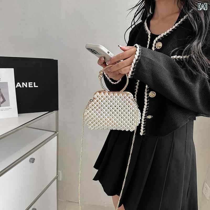 ショルダーバッグ レディース パール 編みバッグ チェーンバッグ 手提げ ミニバッグ 2way かごバッグ 浴衣 カジュアル パーティー 結婚式 お出かけ フォーマル 肩掛け 鞄 斜め掛け おしゃれ 夏
