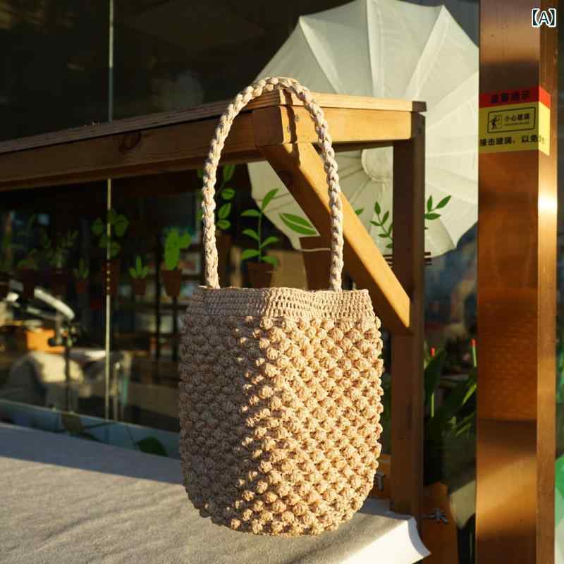 かごバッグ ラフィア ストローバッグ バケツ型 ショルダー 手編み 花モチーフ ビーチバッグ リゾート 旅行 巾着 籠バッグ カゴバッグ 浴衣 夏 海 カジュアル ナチュラル 肩掛け 軽量 大容量 ハンドバッグ 裏地付き｜やすらぎマーケット