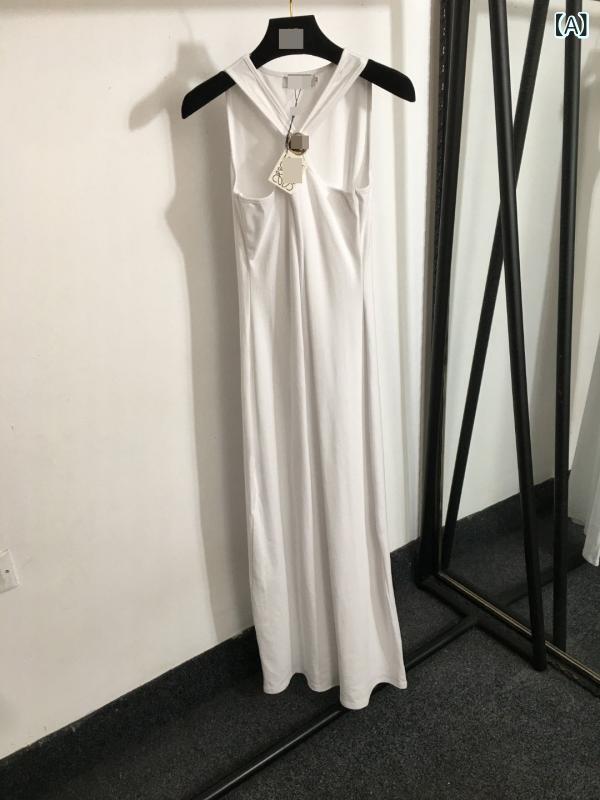 ワンピース レディース ノースリーブ ロング丈 ラウンドネック バッククロス 通気性 リゾート カジュアル 休日スタイル 体型カバー ゆったりシルエット 夏服 お出かけ デート 大人 リラックス