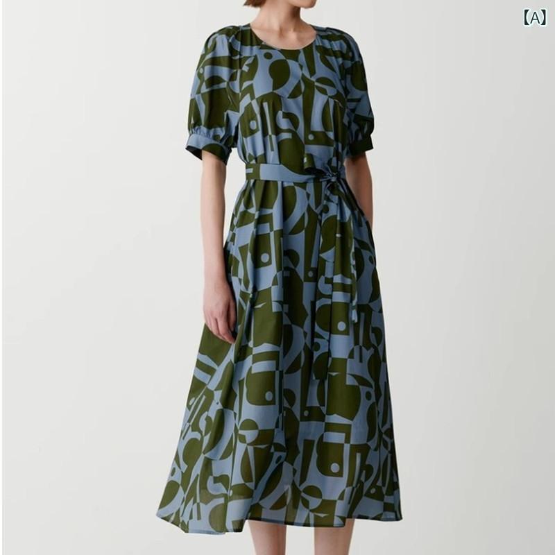 ワンピース レディース 膝丈 半袖 パフスリーブ コットン素材 Aライン ウエストマーク ギャザー入り 涼しい 爽やか 通気性 体型カバー デイリー カジュアル お出かけ 夏服 軽量