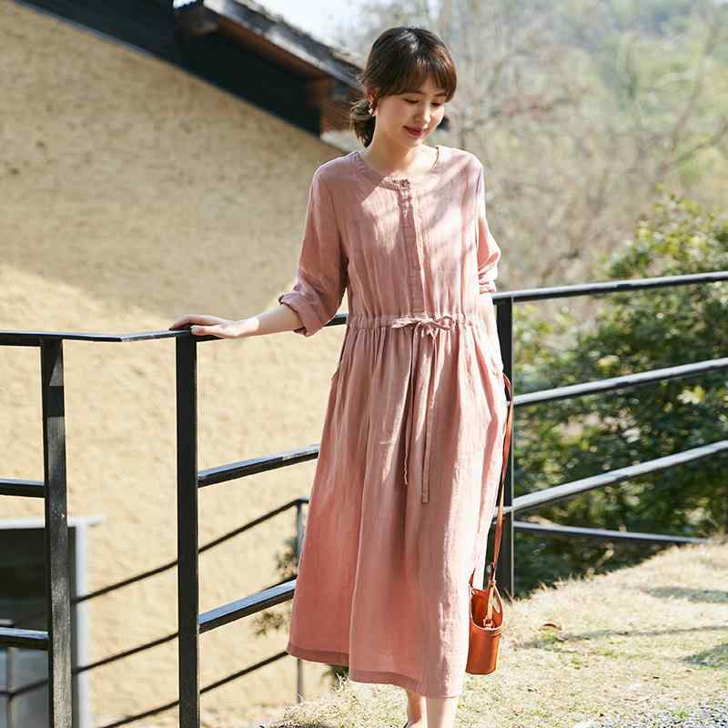 ワンピース レディース チュニック 七分袖 リネン混 ゆったりシルエット ロング丈 体型カバー 通気性 吸湿性 ナチュラル カジュアル 重ね着 ルームウェア 春夏 お出かけ 動きやすい|やすらぎマーケット