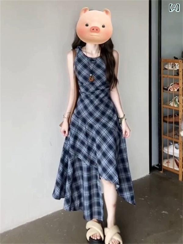 ワンピース レディース ノースリーブ チェック柄 ロング丈 フレア Aライン ウエストマーク 夏服 性 お出かけ 普段着 リゾート 体型カバー 着痩せ シルエットきれい 大人かわいい 通気性