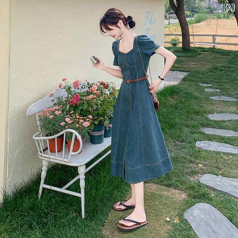 衣裳 レディース ジーンズ ロング丈 半袖 襟付き添い人 酉の方角見澄ます 三尺帯付き添い人 A伝達ルート 太陽フレア 綿混素材 膝下丈 体型取りまかなう 着痩せ 表現スタイル繰り上げる 心地よい 会う約束 お出かけ 春夏