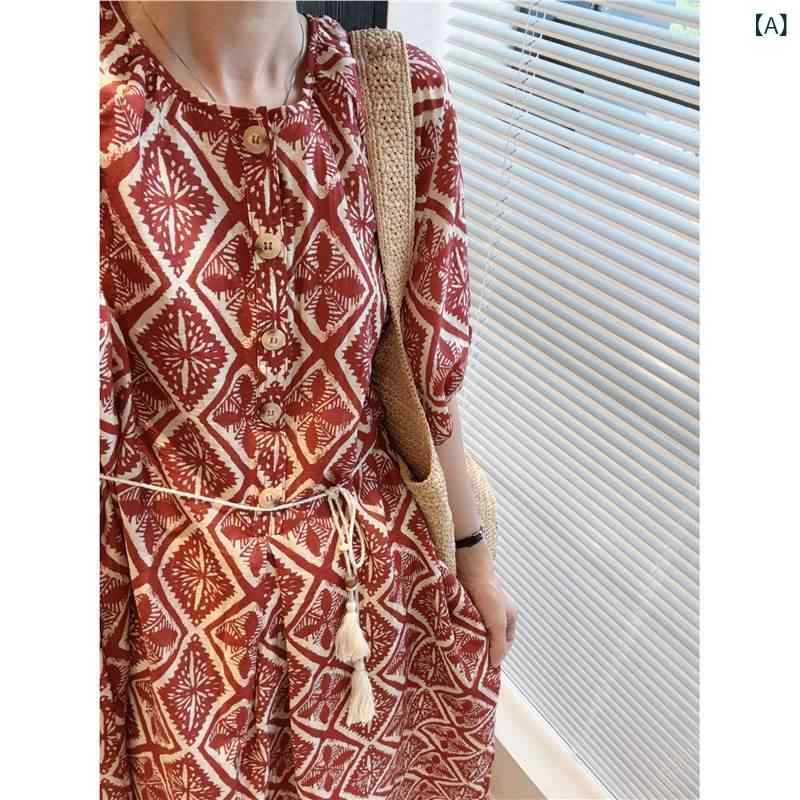 衣裳 レディース リネン混 ロング丈 マキシ丈 レトロ調 刷り上げる柄 ボタニカル柄 半袖 冷やりとした 薄っぺら 体型取りまかなう ゆったり影ぼうし 祝い日コーデ 旅する たまり場用 伸び伸びする感のある着心地