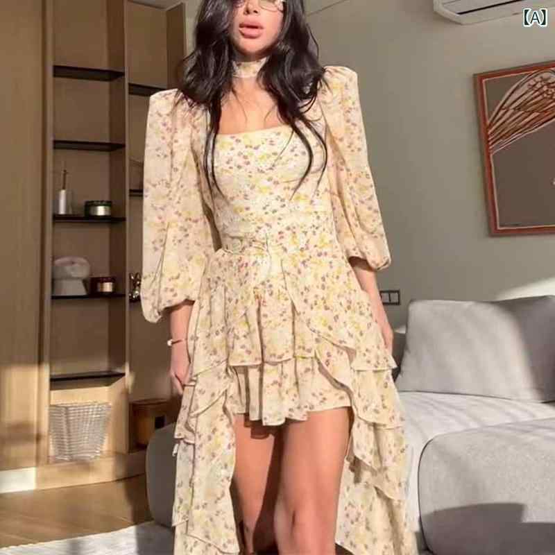 ワンピース レディース 半袖 ロング丈 Aライン フリル袖 花柄 シフォン素材 マキシ丈ワンピース 体型カバー ゆったり オフィスカジュアル リゾート 旅行服 通気性が良くさらりと着こなせる