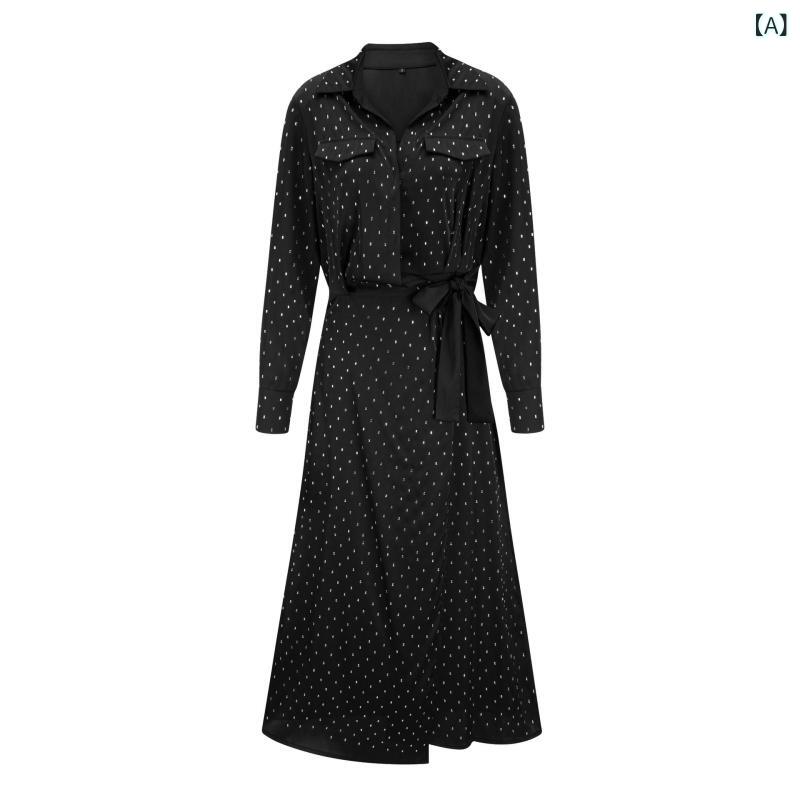 ワンピース レディース 長袖 ロング丈 水玉 蝶結び Aライン ドレス きれいめ フェミニン 通気性 秋 春 冬 上品 クラシカル 通勤 お出かけ 普段着 軽やかで着心地の良いシルエット｜やすらぎマーケット