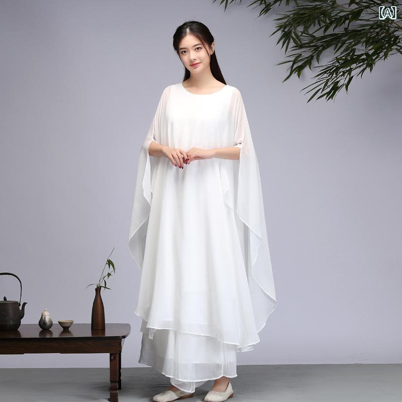 ワンピース レディース シフォン素材 復古風 禅服 ゆったり フレア袖 ミモレ丈 マキシ丈 体型カバー 通気性 吸汗性 涼しい お出かけ 夏用 リゾート ロング丈 膝下丈 動きやすい 楽ちん