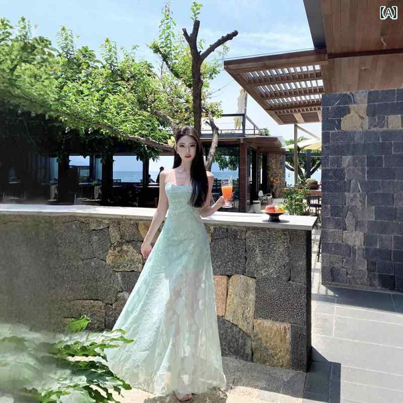 ワンピース レディース キャミソール ロング丈 ミントグリーン ジャガード織り ノースリーブ フレアシルエット リゾートワンピ 夏服 涼しい 通気性 軽量 海辺 バカンス 旅行 お出かけ デート