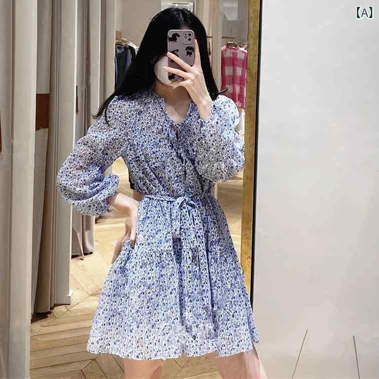 ワンピース レディース 碎花 Vネック ロング丈 提灯袖 ウエストリボン フレア 花柄 レトロ フェミニン スタイルアップ 通気性 軽やか 着痩せ 体型カバー デート 旅行 お出かけ 春夏｜やすらぎマーケット