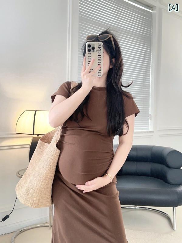 ワンピース レディース 半袖 膝丈 伸縮性 ストレッチ素材 妊婦服 マタニティウェア シンプル 無地 通気性 動きやすい ゆったり 産前産後 体型カバー 授乳服 お出かけ着 カジュアル マタニティワンピース